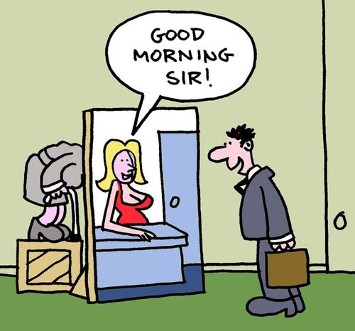 Good morning sir! (old secretary hiding behind portrait of sexy woman).