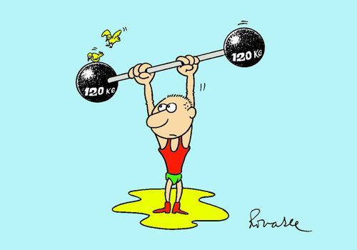 Weight lifter with birds.