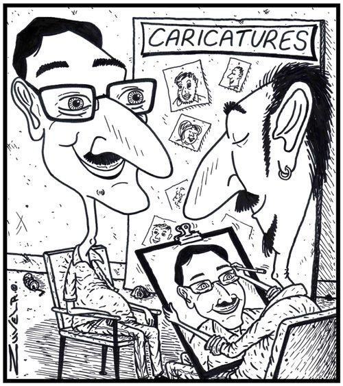 A Caricature getting a life-like drawing done of himself.