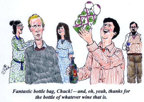'Fantastic bottle bag, Chuck! - and, oh, yeah, thanks for the bottle of whatever wine that is.'