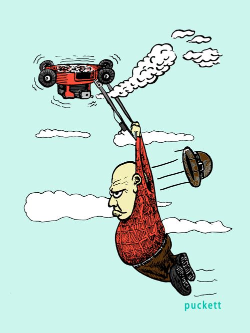 Grandpa gets more than he bargained for when his lawnmower takes flight as a helicopter would.