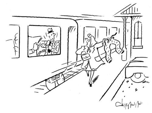 Woman chasing after a train with her husband's trousers.