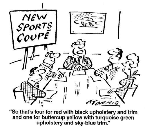 ""So that's four for red with black upholstery and trim and one for buttercup yellow with turquoise upholstery..."