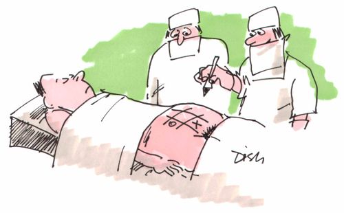 Surgeons playing nought and crosses on patients stomach