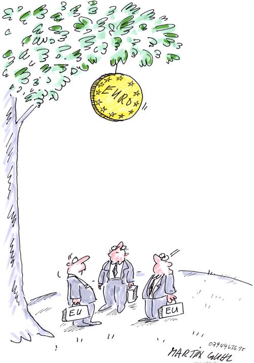 Three businessmen looking up at the euro wobbling on a tree waiting for it to fall