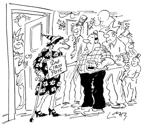 Men at a party presented with a wrinkly old lady wearing a '2nd class post' sign