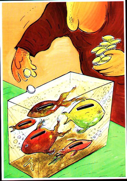 Man feeding fish banks with money, not food.