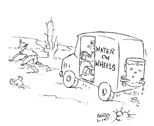 Water on wheels van stuck behind man dying of thirst.