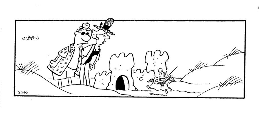 Minature knight charges out of sandcastle.