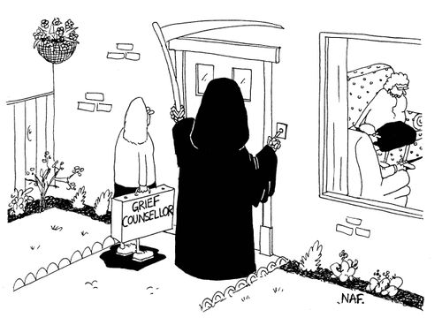 Grief Counsellor and Grim Reaper knocking on a door.