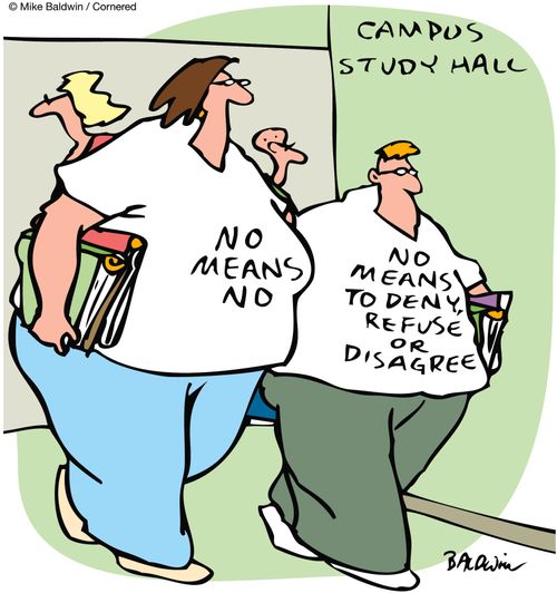 Student's t-shirts read:  'No means no.'  'No means to deny, refuse or disagree.'  
