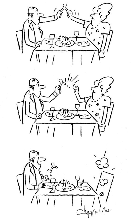 Couple pulling wish bone in restuarant - man wins and the woman disappears.