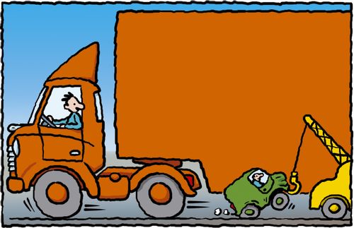 Large truck passes small van being towed away