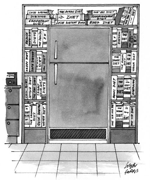A fridge surrounded by books.