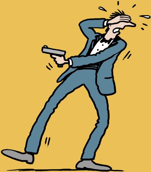 Man in tuxedo afraid to fire his gun.