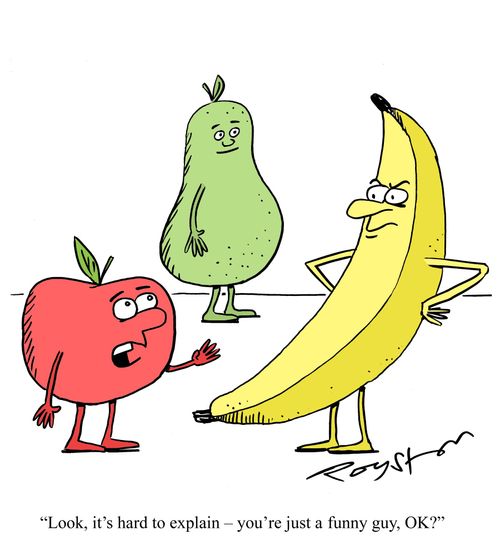 Apple talks to banana, as pear looks on, saying: 'Look, it's hard to explain ??" you're just a funny guy, OK?'