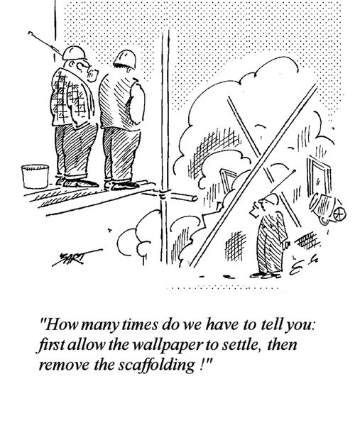 "How many times do we have to tell you: first allow the wallpaper to settle, then remove the scaffolding!"