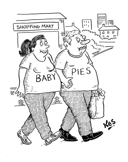 Large man and pregnant woman wearing tee shirts. The pregnant woman's reads: Baby. The large man's reads: Pies.