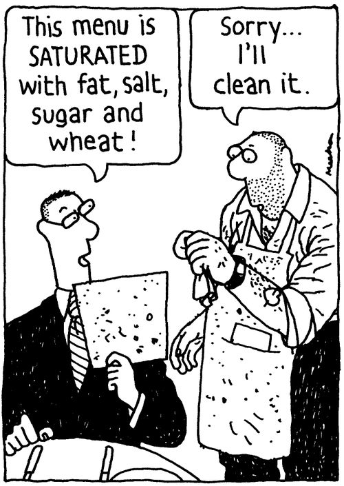 'This menu is SATURATED with fat, salt, sugar and wheat!' 'Sorry... I'll clean it.'