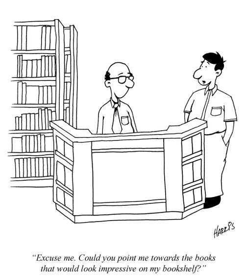 'Excuse me. Could you point me towards the books that would look impressive on my bookshelf?'
