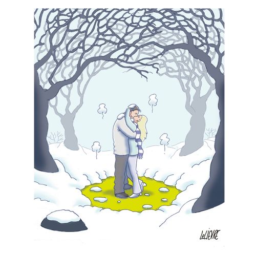 Kissing couple melt the snow