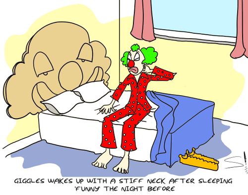Giggles wakes up with a stiff neck after sleeping 'funny' the night before.