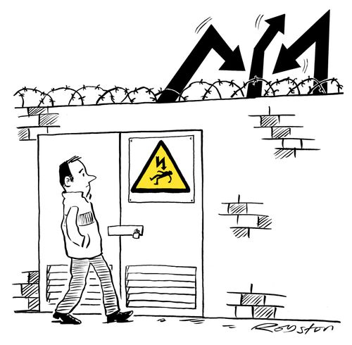 Man sees danger of death sign. Arrows from sign are locked up.