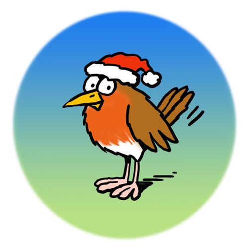 A robin wearing a Santa Claus hat