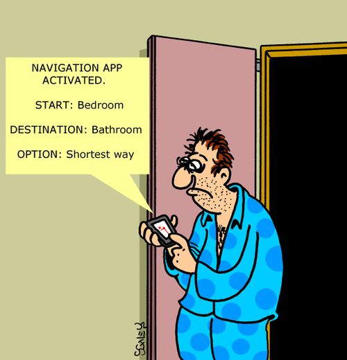 Navigation App Activated: Start: Bedroom, Destination: Bathroom, Option: Shortest Way.