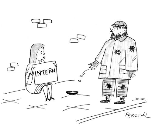 Begger tosses a coin into a bowl for a woman holding a sign saying: 'Intern'.