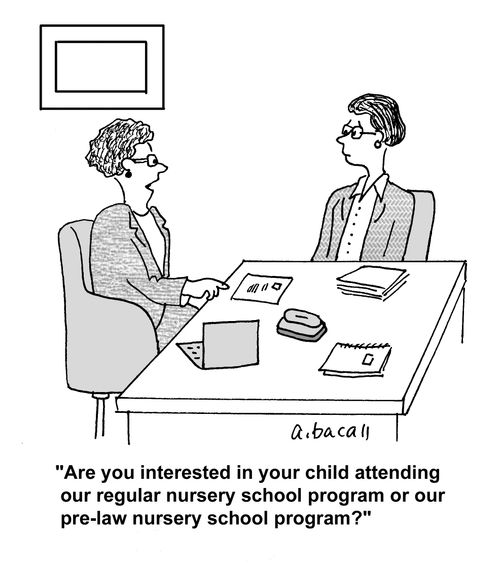 'Are you interested in your child attending our regular nursery school program or our pre-law nursery school program?'