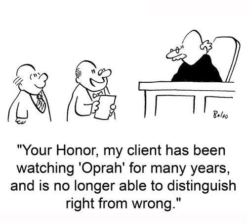 Your Honor, my client has been watching 'Oprah' for many years, and is no longer able to distinguish right from wrong.
