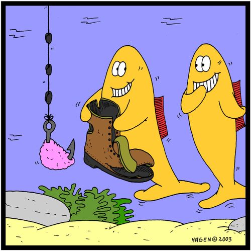 Fish hooking an old boot to a fishing line.