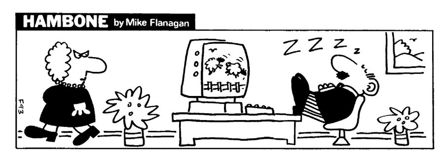 STRIP Hambone: Sleeping employee has sheep on his monitor