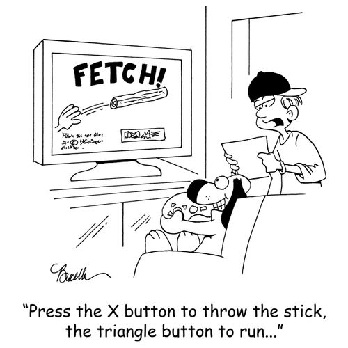 'Press the X button to throw the stick, the triangle button to run...'