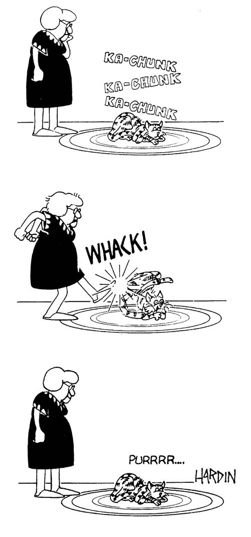Kicking a cat to get it to purr smoothly.