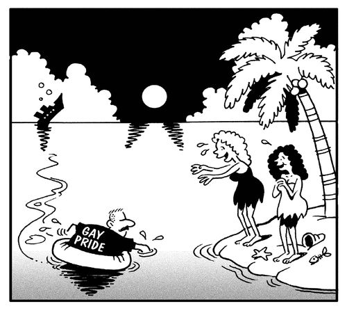 Two women on a desert island wait excitedly for a man to arrive - but he's wearing a 'Gay Pride' T-shirt.