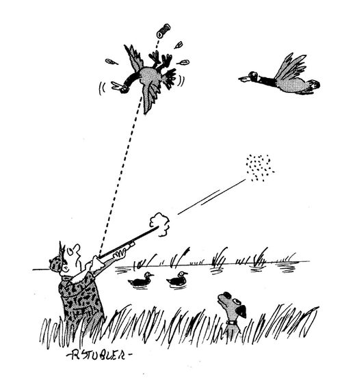 Hunter hits duck with ejected shell.
