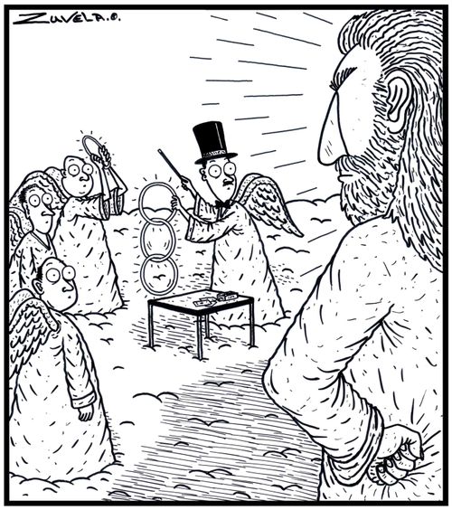 A not-so-happy God coming across some Angels playing Magic tricks with their Halos.