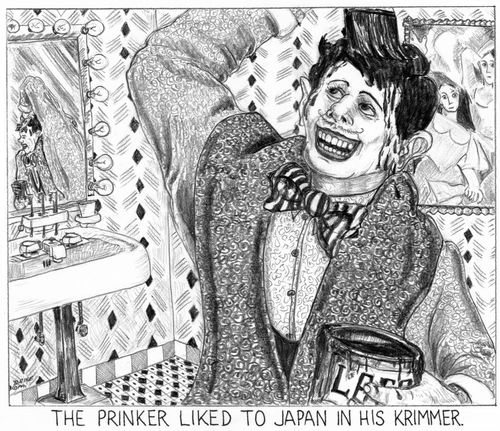 'The prinker liked to japan his krimmer.'