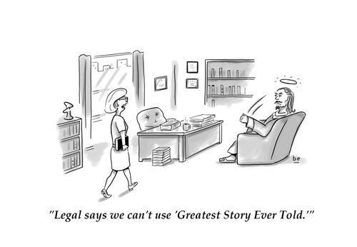 Book editor tells Jesus legal says he can't use title 'Greatest Story Ever Told'.
