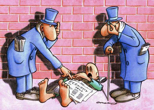 Two rich gentlemen read newspaper on a tramp.