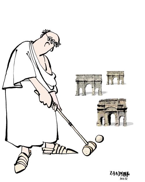 Roman playing croquet under aqueducts.