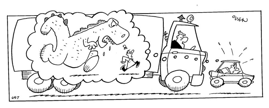 'Small car being chased by huge truck.'