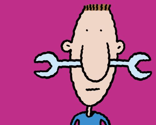 Man with spanner through his nose.