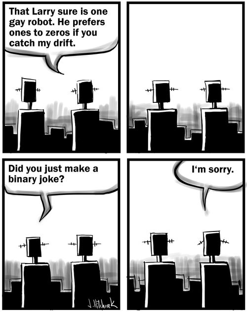 A robot makes a binary joke.