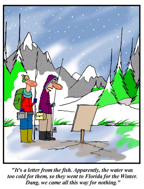 'It's a letter from the fish.  Apparently the water was too cold for them so they went to Florida for the winter.  Dang, we came all this way for nothing.'