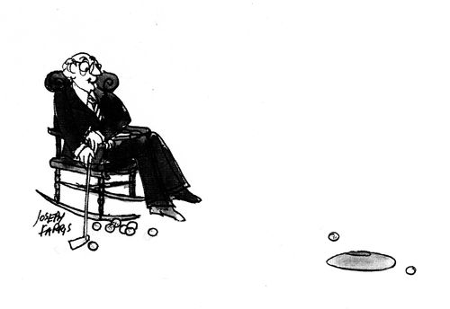 Old man in rocking chair playing golf