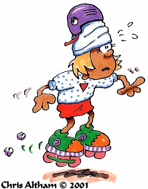 Roller blader with bandaged head