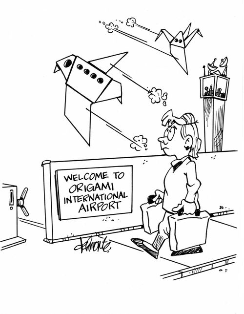 Woman goes to Origami Airport.